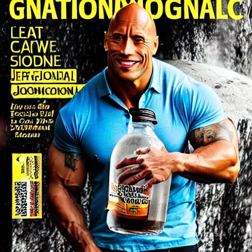 Image similar to dwayne johnson holding a jug of moonshine, cover of national geographic magazine