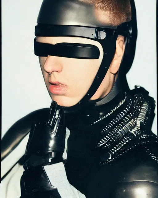 Image similar to young eminem wearing a futuristic mechanical mask with amber eye reflective lenses, and black leather body armor.