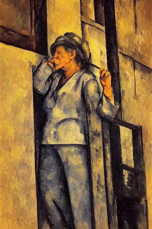 Image similar to an elderly and content italian woman leaning out of the window of an old building, smoking a cigarette, by paul cezanne, firenze, sunset, smooth, expressionist, gold, portrait