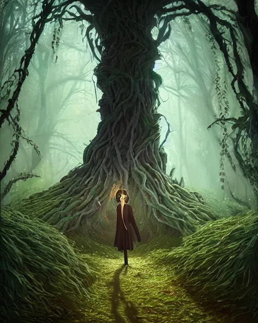 Image similar to highly detailed surreal vfx portrait of a cursed crown in a shadowy forest by a willow tree, stephen bliss, unreal engine, greg rutkowski, loish, rhads, beeple, makoto shinkai and lois van baarle, ilya kuvshinov, rossdraws, tom bagshaw, alphonse mucha, global illumination, detailed and intricate environment