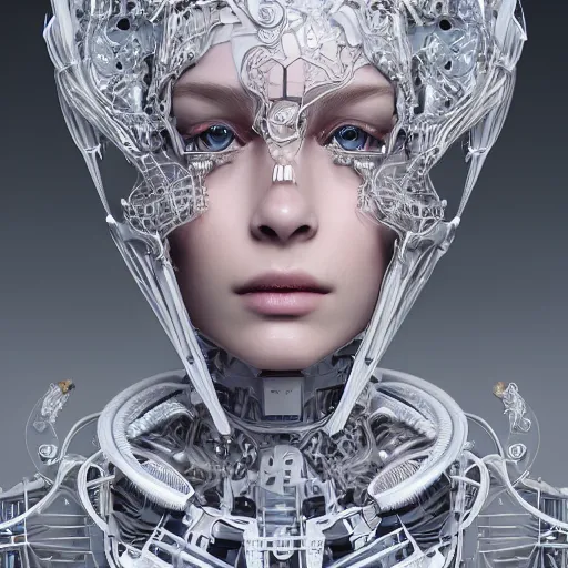 Prompt: portrait of an absurdly beautiful, graceful, sophisticated, fashionable cyberpunk mechanoid, hyperdetailed illustration by irakli nadar and alexandre ferra, intricate linework, white porcelain skin, faberge, coral headdress, unreal engine 5 highly rendered, global illumination, radiant light, detailed and intricate environment,
