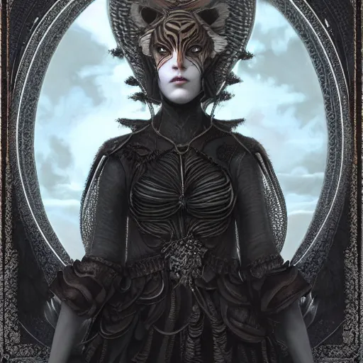 Image similar to tom bagshaw, soft painting fractal curiosities carnival, very beautiful female tigress mutation in full nightshade gothic armor, accurate features, focus, very intricate ultrafine details, black white purple volumetric clouds, award winning masterpiece, octane render 8 k hd