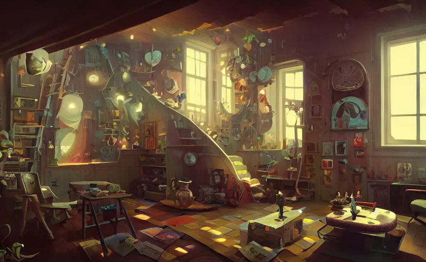 Image similar to Interior shot of a cozy loft by Petros Afshar and Beeple, James Gilleard, Mark Ryden, Wolfgang Lettl highly detailed