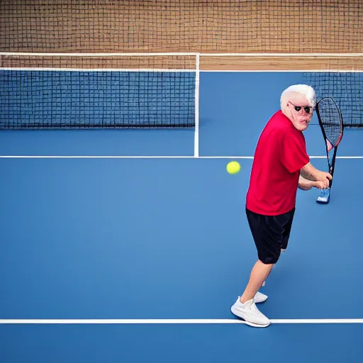 Prompt: an old man white hair and circular glasses jumping over the net on a pickleball court, 8 k photograph