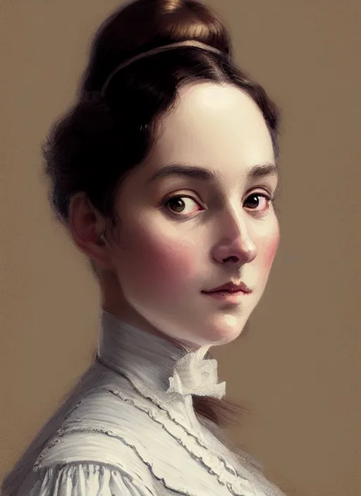 Prompt: a portrait of a young woman with a crooked nose in victorian clothing, confident pose, intricate, elegant, sharp focus, illustration, highly detailed, concept art, matte, trending on artstation, anime, art by james jean and artgerm and brian despain and alberto mielgo, greg rutkowski, wlop, ilya kuvshinov, strong strokes