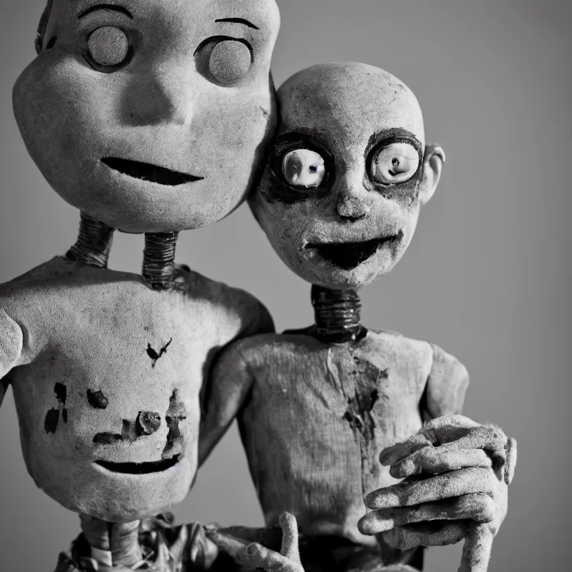 Image similar to creepy ventriloquist dummy in the style of roger ballen, 4 k, bw, portrait