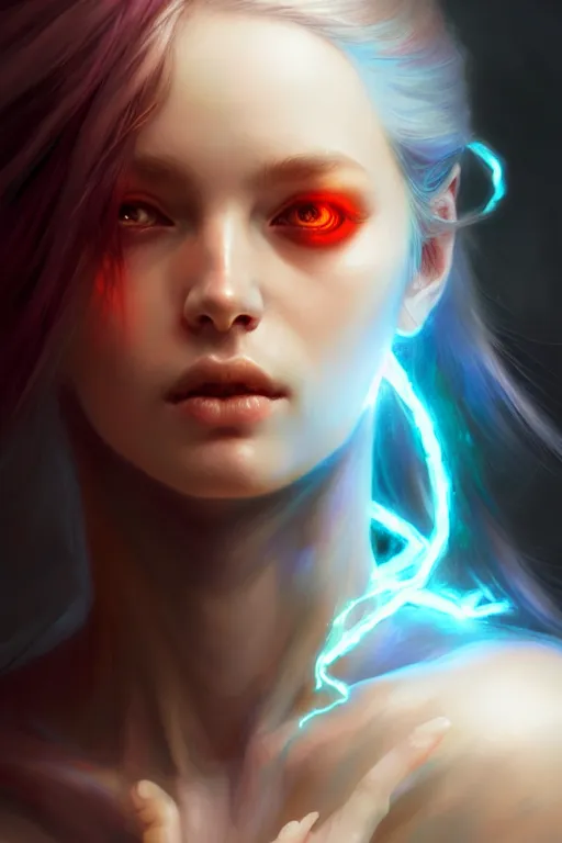 Prompt: beautiful necromancer girl, sorceress turning into flowers, three - dimensional rendering, hyperrealistic detailed portrait holding light and electricity, ruan jia, clap. scifi, fantasy, magic the gathering, overdetalized, octane rendering, concept art by artgerm, peter murbacher