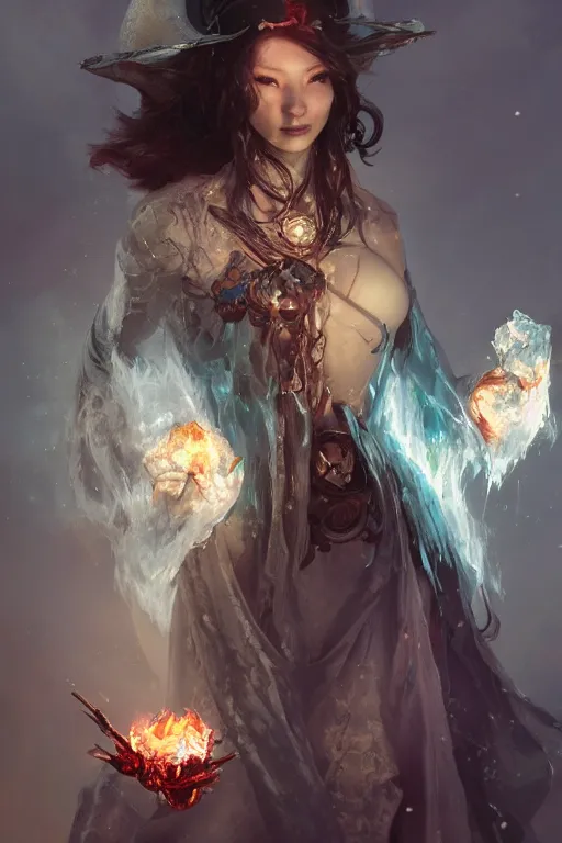 Image similar to beautiful girl necromancer, witch - doctor covered with ice exploding into ice, angels, 3 d render, hyper realistic detailed portrait, holding fire and electricity, ruan jia, wlop. scifi, fantasy, magic the gathering, hyper detailed, octane render, concept art, peter mohrbacher