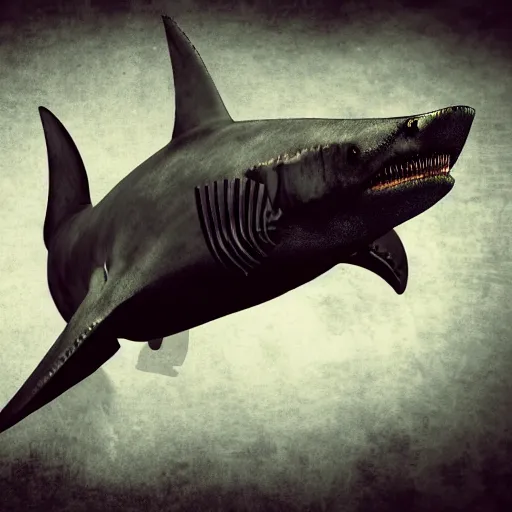 Image similar to a steampunk robotic shark, dark background, super - detailed, photo - realistic,