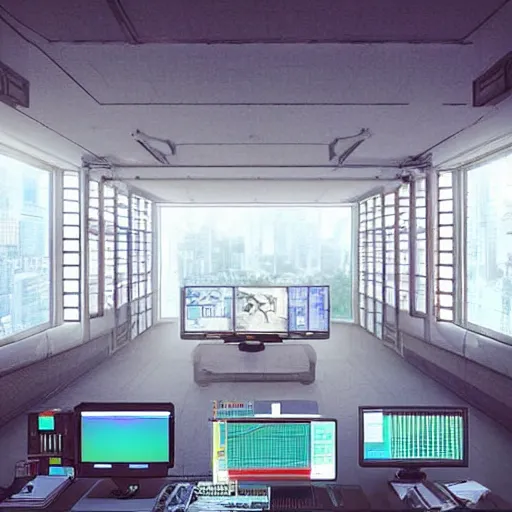 Image similar to “inside of a futuristic Japanese village. Towering over all of the buildings is a computer server hooked up to a wall. Scene rendered inside of room”