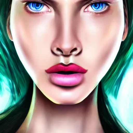 Prompt: photorealistic portrait of beautiful toxic girl, black hair, blue eyes, smooth face, glowing skin, detailed face, green colours, sharp focus