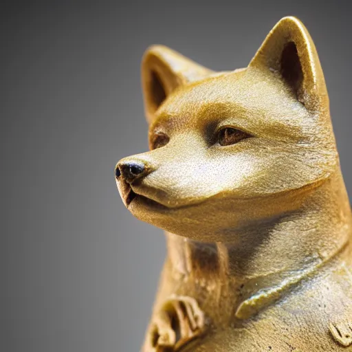 Prompt: an ancient old statuette with the face of a shiba inu, close up photo, ultra realistic, studio photo, bokeh. intricate details.