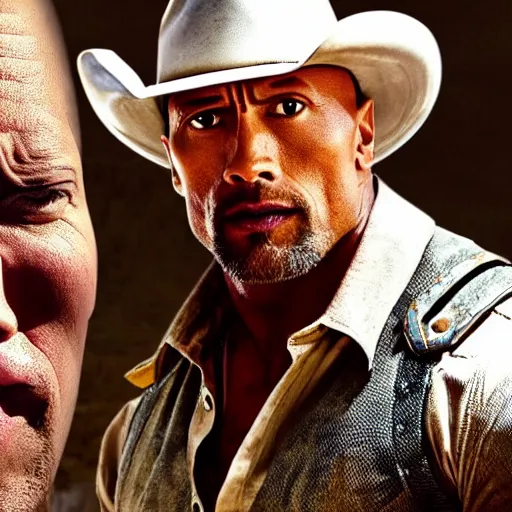 Image similar to film of Dwayne Johnson as cowboy