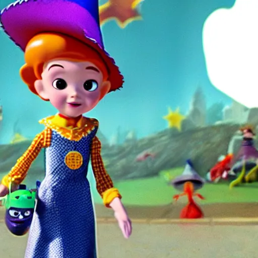 Prompt: a film still of a little witch in toy story 3