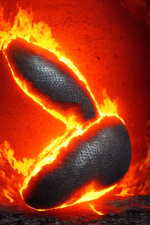 Image similar to a scaly phoenix egg made from opalescent coal and molten lava, on a carved red hot flaming stone floor photorealistic, dlsr, octane render, 8 k, cinematic lighting