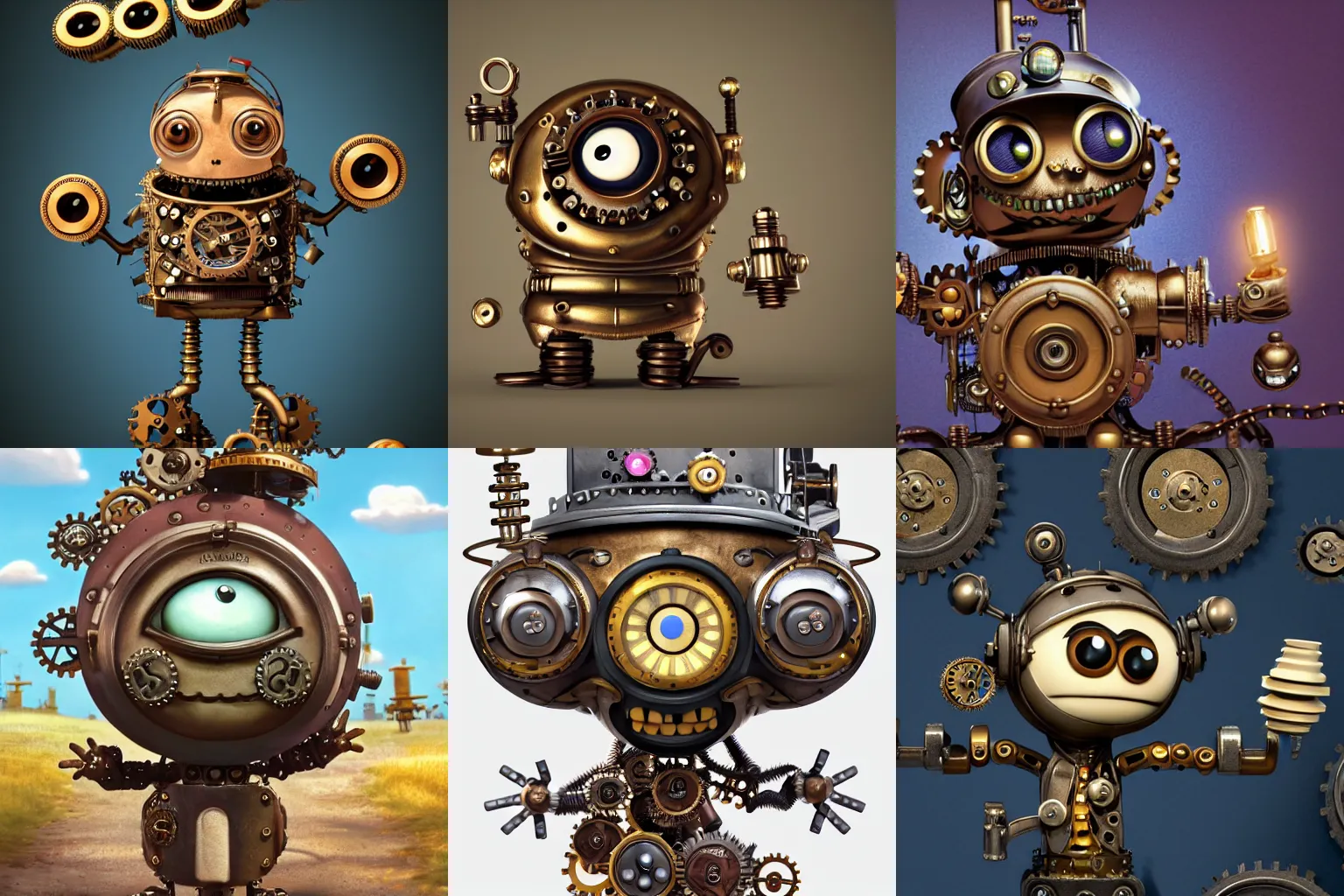 Prompt: tiny cute steampunk monster with cogs and screws and big eyes smiling and waving, isometric 3d, ultra hd, character design by Mark Ryden and Pixar and Hayao Miyazaki, unreal 5, DAZ, hyperrealistic, octane render, cosplay, RPG portrait, dynamic lighting, intricate detail, summer vibrancy, cinematic