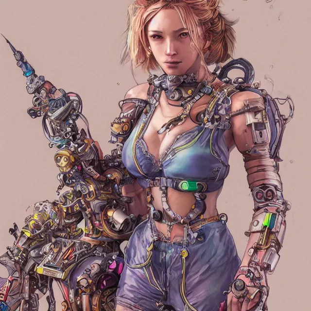 Image similar to the portrait of true neutral semi - colorful female cyborg mechanist as absurdly beautiful, gorgeous, elegant, young swimsuit model, an ultrafine hyperdetailed illustration by kim jung gi, irakli nadar, intricate linework, bright colors, octopath traveler, final fantasy, unreal engine 5 highly rendered, global illumination, radiant light, detailed and intricate environment