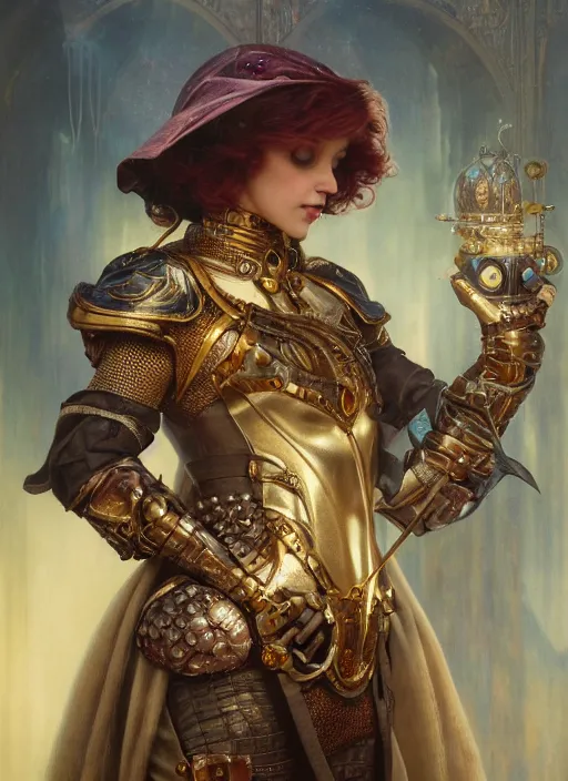 Image similar to hyper realistic knight casting a spell, refined details, denoised, birds eye view, magical, gems, jewels, gold, steampunk, cyberpunk utopia, painted by tom bagshaw, mucha, gaston bussiere, craig mullins, j. c. leyendecker 8 k