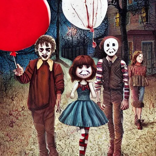 Image similar to grunge painting of stranger things with a wide smile and a red balloon by chris leib, loony toons style, pennywise style, corpse bride style, horror theme, detailed, elegant, intricate