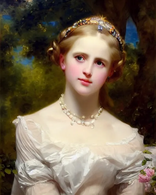 Prompt: a beautiful portrait of a young and beautiful blonde princess with gentle eyes, art by franz xaver winterhalter, highly detailed, elegant, romanticism, neoclassicism, 1 8 5 0 s style painting, oil on canvas, vivid