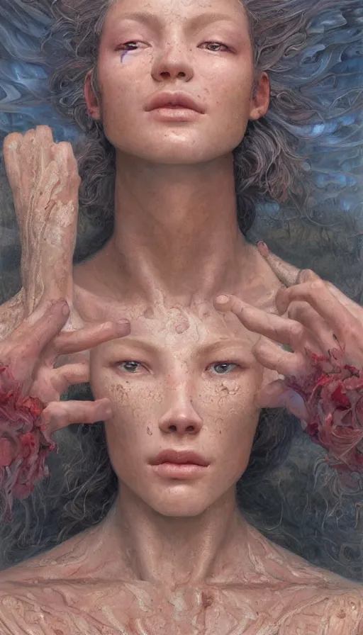 Image similar to epic masterpiece portrait sand legends, sweaty skin, hyperrealistic, octane render, cinematic, beautiful face and flawless skin, perfect hands, 5 fingers, ruby, by Edgar Maxence and Ross Tran and Michael Whelan, Legends of Runeterra