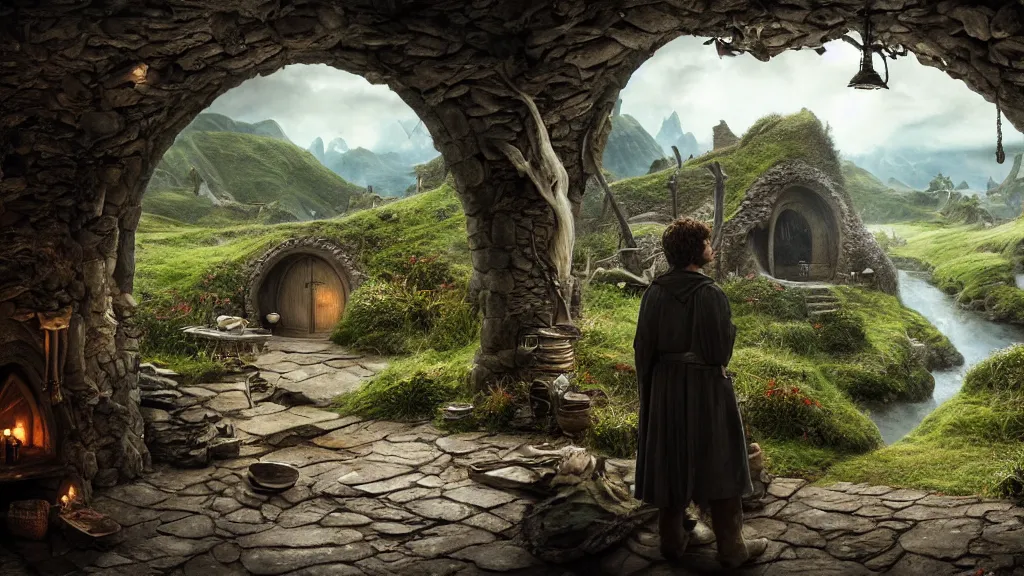 Image similar to frodo writing in his journal inside his hobbit hole bag end at the end of his journey, hobbiton visible through a window, by alan lee, michal karcz, smooth details, lord of the rings, game of thrones, smooth, detailed terrain, oil painting, trending artstation, concept art, fantasy matte painting