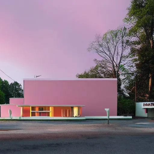 Prompt: modernist house inspired by a mcdonalds between big trees, light pink clouds, dramatic lighting, artstation, matte painting, raphael lacoste, simon stalenhag, frank lloyd wright, zaha hadid