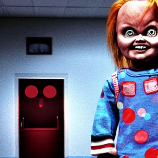 Image similar to chucky the killer doll standing in a dimly lit hospital