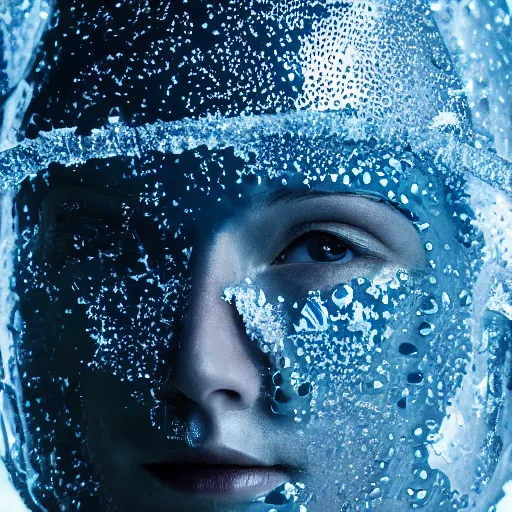 Image similar to futuristic female soldier eyes closed partly submerged in highly viscous clear fluid, frost particles, ice needles, cold blue light, complex hyperdetailed technical suit. white hair flowing. reflection. rays and dispersion of light. volumetric light. 5 0 mm, f / 3 2. noise film photo. ultra realistic, wide angle. rudolf herczog