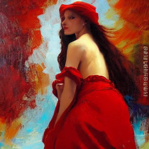 Image similar to a woman in red, dmitry spiros, leonardo da vinci, jacques - louis david, johannes vermeer, 8 k, wide angle,