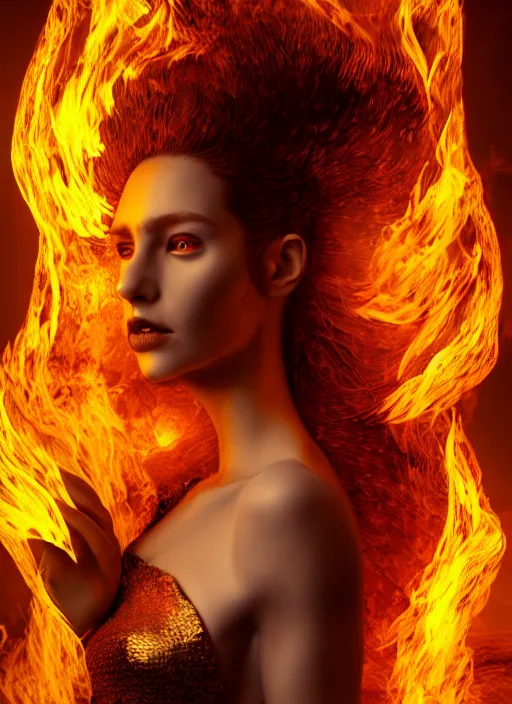 Image similar to hyperrealistic mixed media portrait of a beautiful evil female pyromancer, stunning 3d render inspired art by Mark Poole + perfect facial symmetry + dim volumetric lighting, ornate flowing robes, radiant fiery energy, swirling wispy smoke, 8k octane beautifully detailed render, post-processing, extremely hyperdetailed, intricate, epic composition, grim yet sparkling atmosphere, cinematic lighting + masterpiece, trending on artstation, Art Nouveau