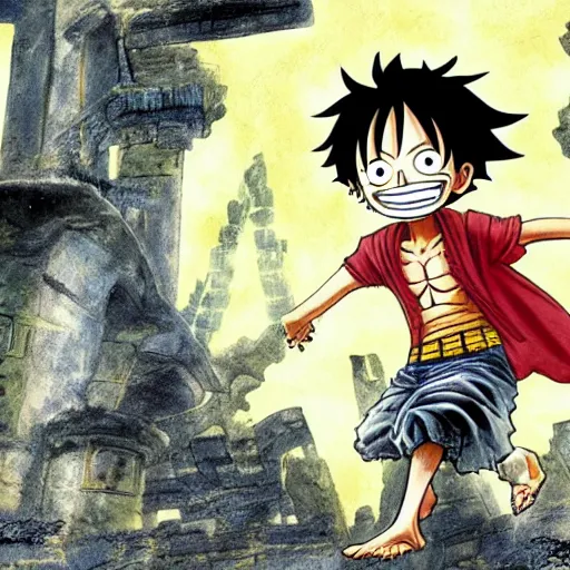 Image similar to luffy in the harry potter universe far away at some ruins from a castle. a wizard is already there and summons a portal that would take me back home, reallife