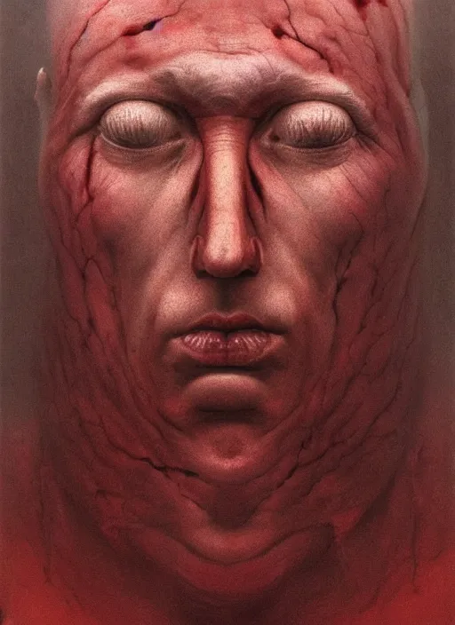 Image similar to lord loss king of sorrow, loves chess, book portrait, pale red, lumpy skin, he has very dark - round red sad eyes with even darker red pupils. tiny cracks in skin seep, symmetric lights and fog, in the style of zdzislaw beksinski, glowing light and shadow, hyperrealist, 8 k