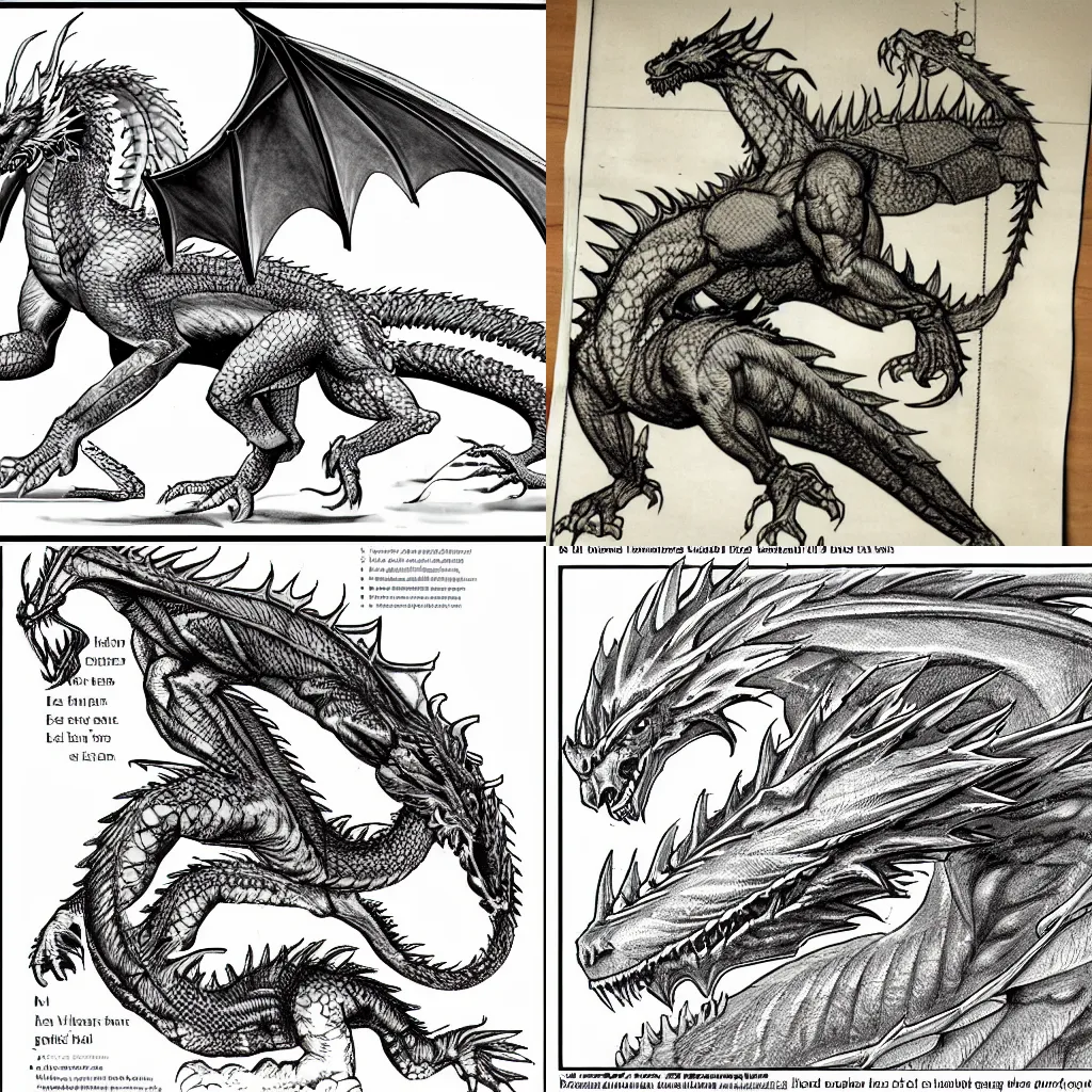 Prompt: photocopy of a grade school workbook on dragon anatomy