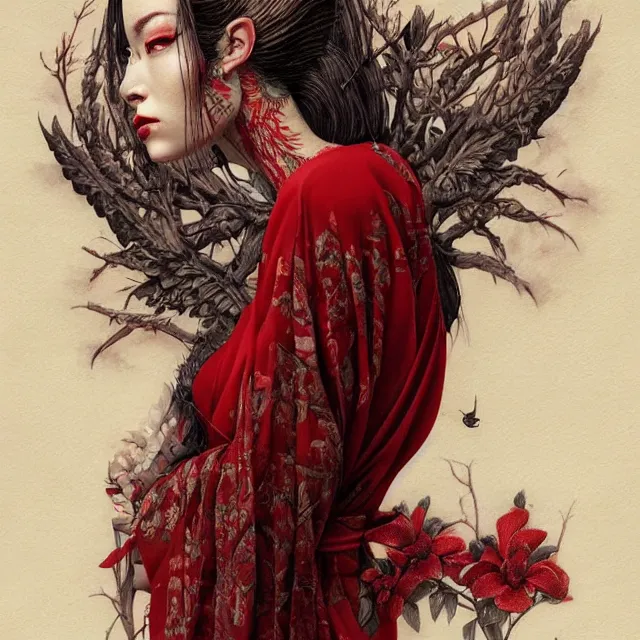 Prompt: ultra realistic illustration, beautiful woman dressed in red kimono, backview, tattoos, in the style of gerald brom by weta digital and beth cavener, high face symmetry, intricate, masterpiece, award winning, high face symmetry, intricate