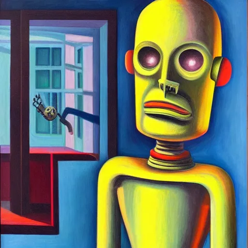 Image similar to weary robot emporer, dystopian, pj crook, edward hopper, oil on canvas