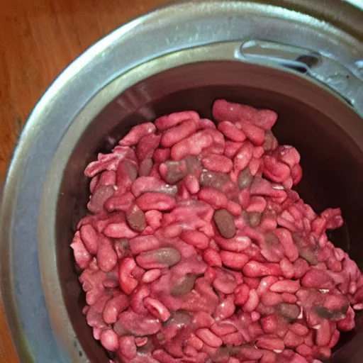 Image similar to raw meat chunks raw beans, mold, cell phone photo,