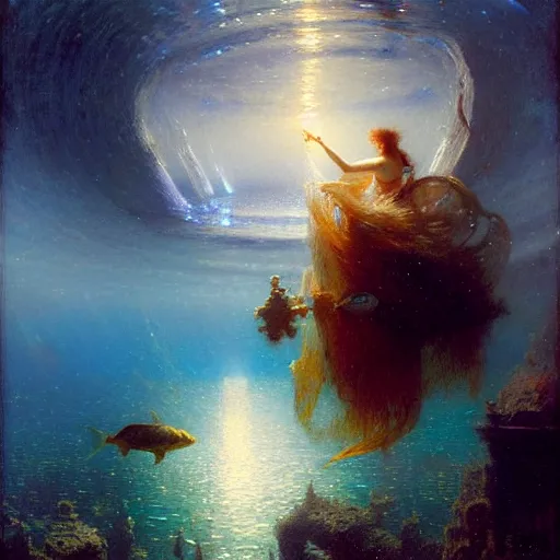 Image similar to point of view of deep in the ocean looking up, you see fishes, the milk way, night time, midnight, no sunlight. highly detailed painting by gaston bussiere, greg rutkowski 8 k