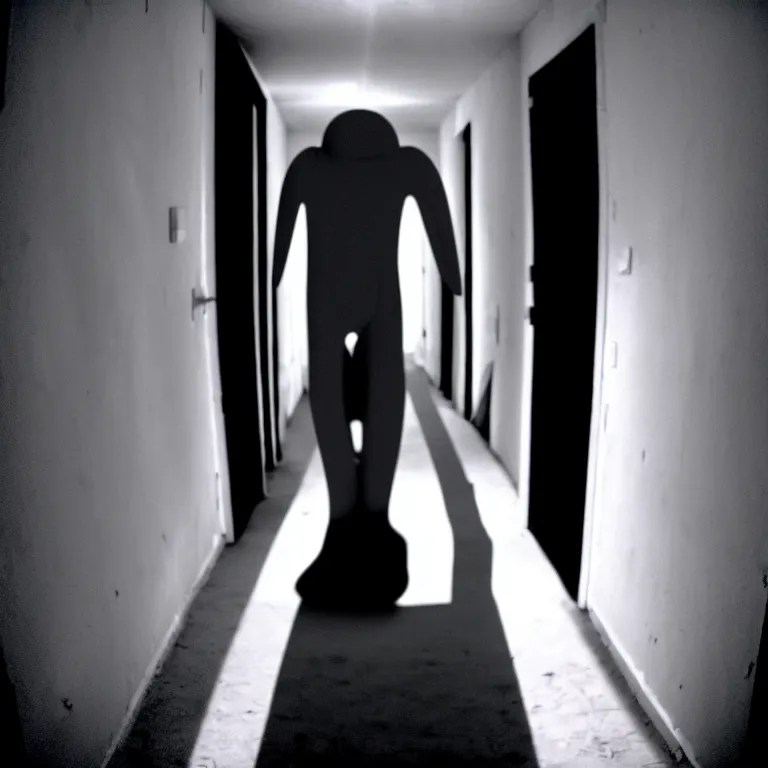 Image similar to a nightmare where a man in a pink morphsuit chases you down a black & white dark hallway, horror, creepy, 3 5 mm, film shot, found footage, scary