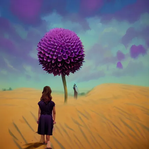 Image similar to portrait, giant purple dahlia flower head, woman between dunes, surreal photography, sunrise, blue sky, dramatic light, impressionist painting, digital painting, artstation, simon stalenhag