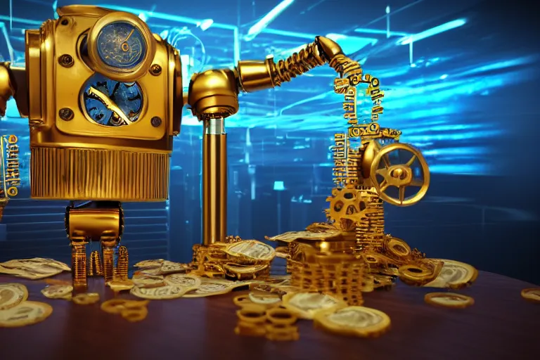 Prompt: photo of a golden and blue metal steampunk office robot with gears and tubes sitting in a modern office, on the office table is a suitcase with money bills, eyes are glowing red lightbulbs, shiny crisp finish, 3 d render, 8 k, insaneley detailed, fluorescent colors, background is multicolored lasershow
