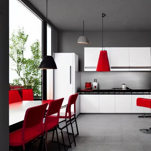 Image similar to photo of black kitchen fronts and furniture, red walls, white floor tiles, architecture, concept art