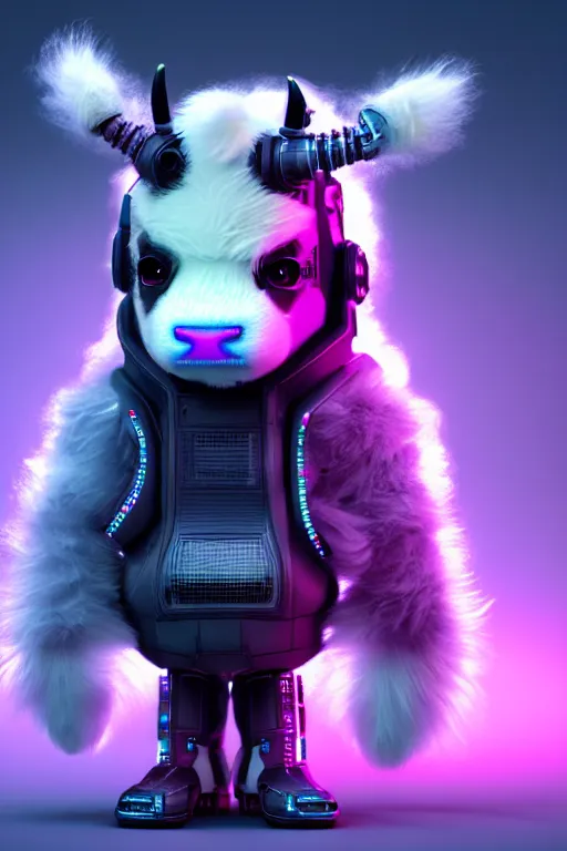 Prompt: high quality 3 d render cyberpunk very cute cyborg fluffy! cow hybrid!, highly detailed, unreal engine cinematic smooth, in the style of blade runner & detective pikachu, hannah yata charlie immer, purple light, low angle, uhd 8 k, sharp focus