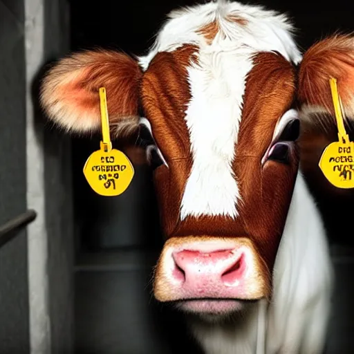 Image similar to mugshot of a cute calf dressed as an inmate inside jail