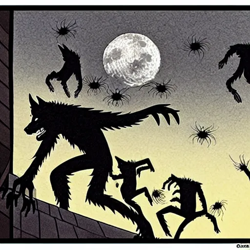 Prompt: A pack of Garou werewolves chase a giant spider across the rooftops of Burnaby. by Ron Spencer.