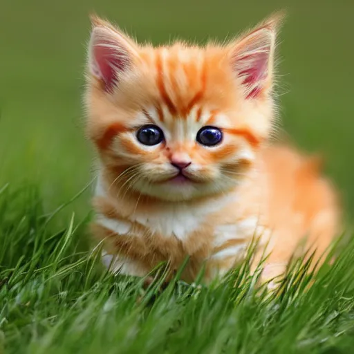 Prompt: cute fluffy orange tabby kitten, grass