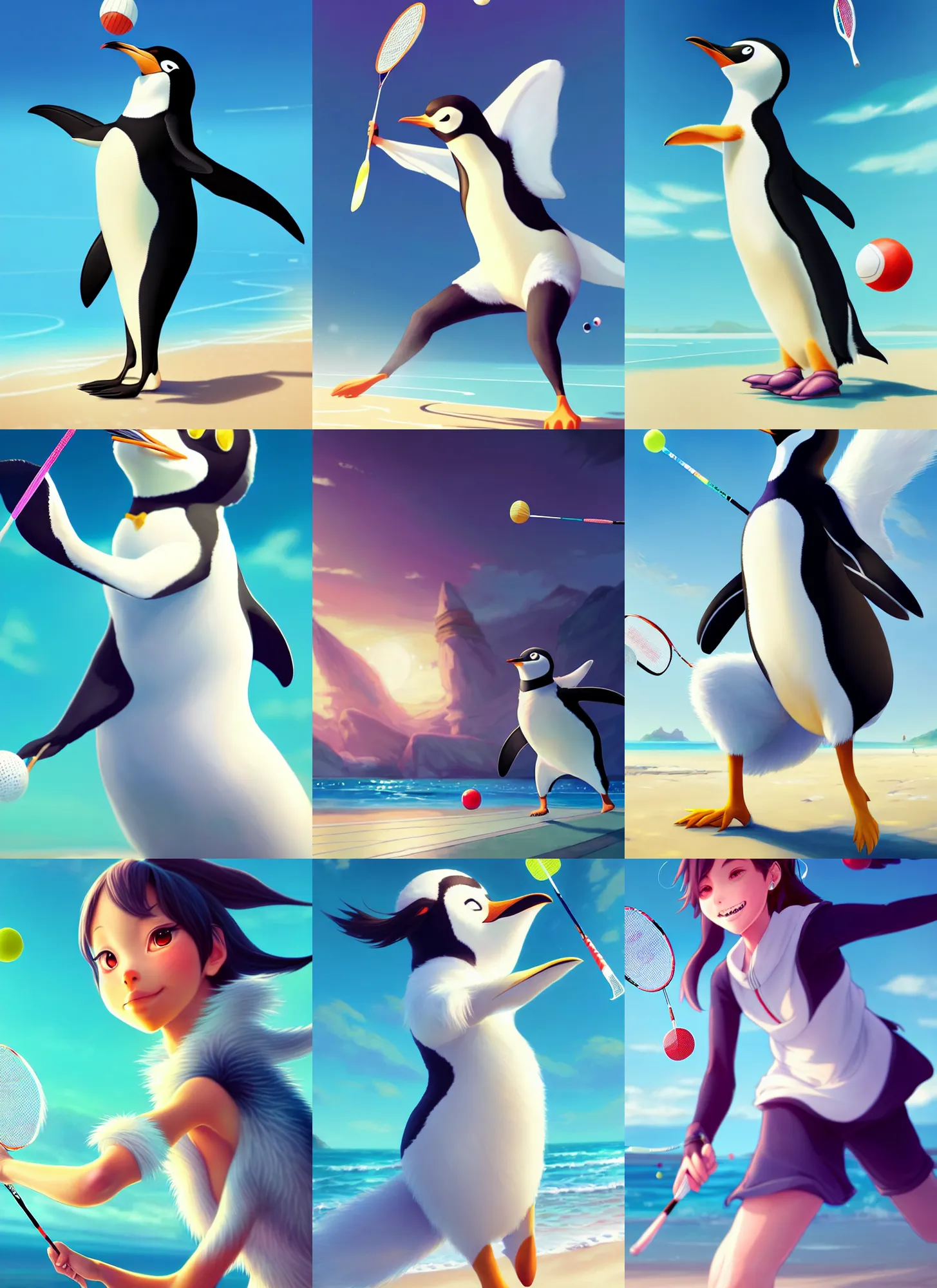 Prompt: beautiful portrait of a female anthropomorphic penguin fursona playing badminton. beach background. character design by disney, charlie bowater, ross tran, artgerm, and makoto shinkai, detailed, soft lighting, rendered in octane