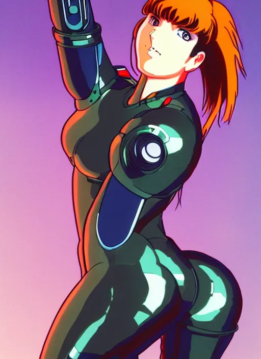 Image similar to Portrait of a female mech pilot in a latex bodysuit, 90s anime, cel-shaded, highly detailed, dramatic background, complementary lighting, poster