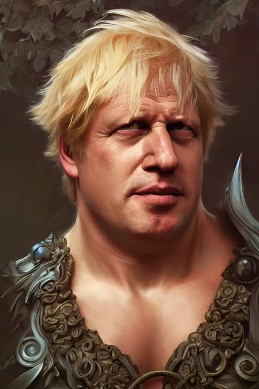 Image similar to portrait of boris johnson as a hulking herculean demon, forest, godlike, full body, fantasy, intricate, elegant, highly detailed, digital painting, artstation, concept art, sharp focus, illustration, art by artgerm and greg rutkowski and alphonse mucha