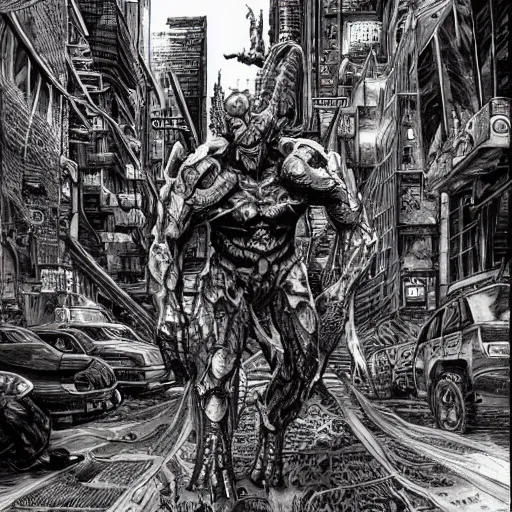 Image similar to sci - fi monster hunters, walking in shinjuku, hyperdetailed, art by liam sharp